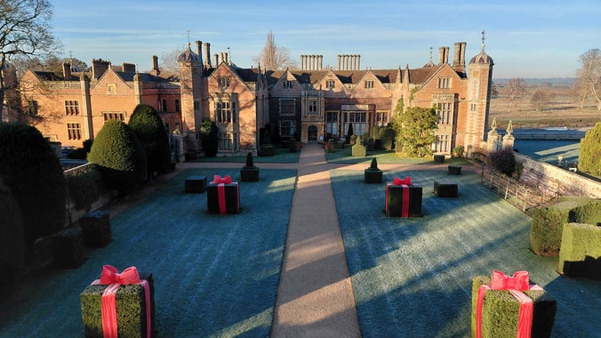 Charlecote House and Green Court decorated for Christmas, bird's eye view from the Gatehouse